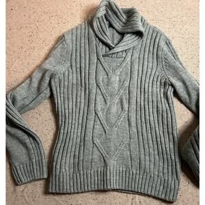 Vintage Perry Ellis Gray Wool Blend Cable Knit Sweater Large Cozy Academia